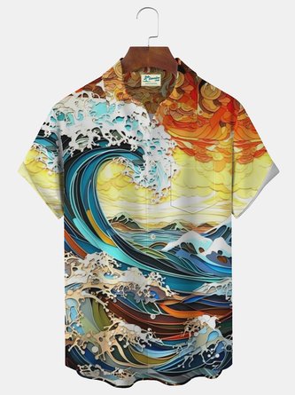 Royaura Wave Art Print Beach Men's Hawaiian Oversized Short Sleeve Shirt with Pockets