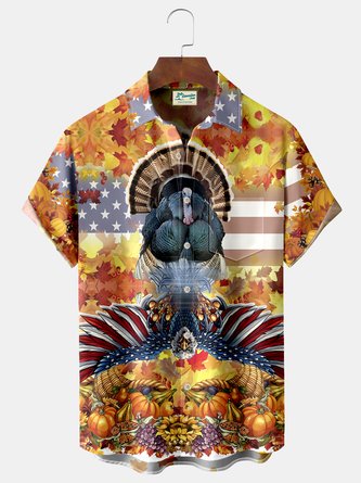 Royaura Thanksgiving Pumpkin Turkey Print Men's Hawaiian Oversized Shirt with Pockets