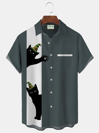 Royaura Vintage Bowling Halloween Black Cat Print Beach Men's Hawaiian Oversized Short Sleeve Shirt with Pockets