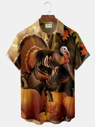 Royaura Thanksgiving Pumpkin Turkeyl Print  Men's Hawaiian Oversized Shirt with Pockets