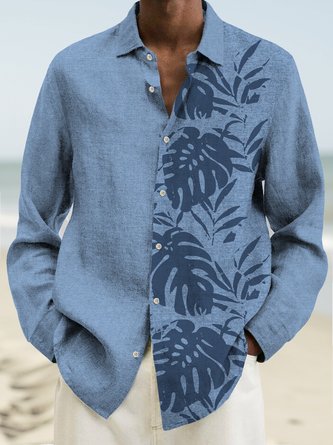 Royaura Beach Holiday Palm Leaf Blue Men's Long Sleeve Casual Shirts Stretch Plus Size Aloha Camp Shirts