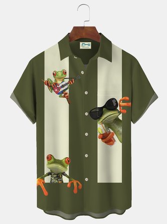 Royaura Vintage Bowling Funny Frog Print Beach Men's Hawaiian Oversized Short Sleeve Shirt with Pockets