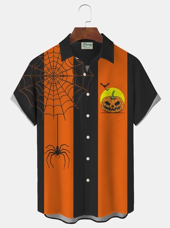 Royaura Halloween Pumpkin Vintage Print Men's Button Pocket Short Sleeve Shirt
