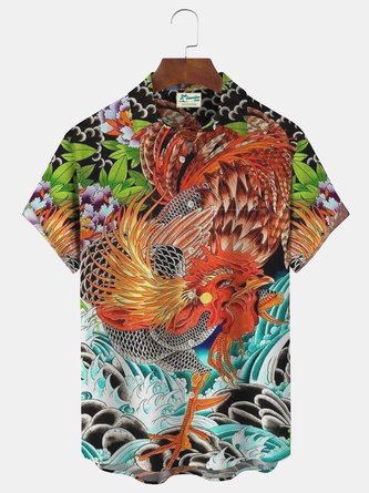 Royaura Vintage Japanese Ukiyo-e Rooster Print Beach Men's Hawaiian Oversized Short Sleeve Shirt with Pockets
