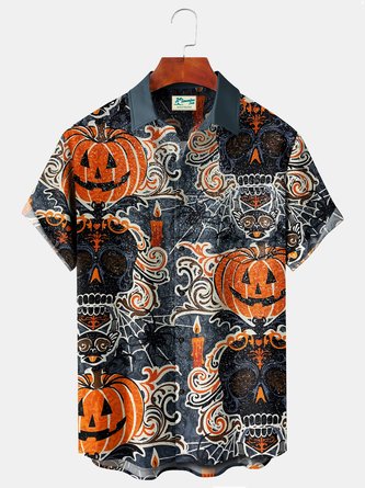 Royaura Halloween Holiday Black Men's Hawaiian Shirt Bat Pumpkin Cartoon Stretch Plus Size Aloha Camp Shirts