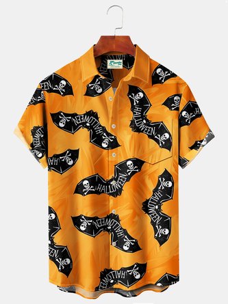 Royaura Halloween Orange Men's Hawaiian Shirts Pumpkin Monster Bat Stretch Plus Size Aloha Camp Button-Down Shirts