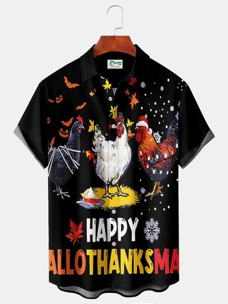Royaura Thanksgiving Turkey Black Men's Hawaiian Shirts Cartoon Fun Stretch Plus Size Aloha Camp Button Shirts