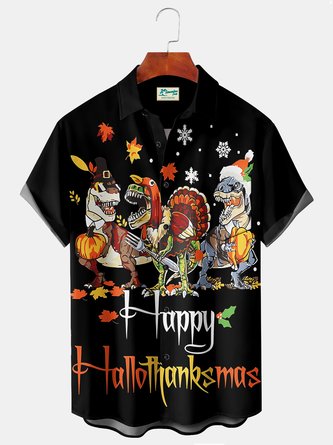 Royaura Thanksgiving Dinosaur Black Men's Casual Holiday Shirt Maple Leaf Cartoon Stretch Oversized Aloha Camp Pocket Shirts