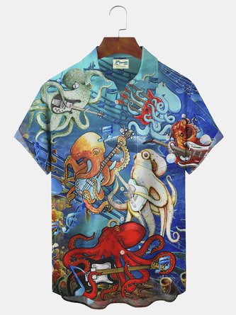 Royaura Octopus Musical Guitar Print Beach Men's Hawaiian Oversized Short Sleeve Shirt with Pockets