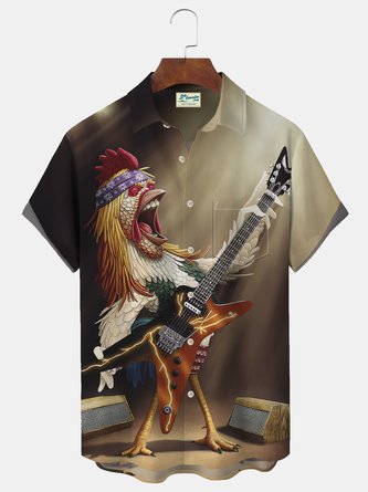 Royaura Rooster Musical Guitar Print Beach Men's Hawaiian Oversized Short Sleeve Shirt with Pockets