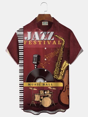 Royaura Music Instrument Jazz Print Men's Button Pocket Short Sleeve Shirt