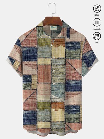 Royaura Natural Fiber Retro Geometric Texture Men's Button Pocket Short Sleeve Shirt