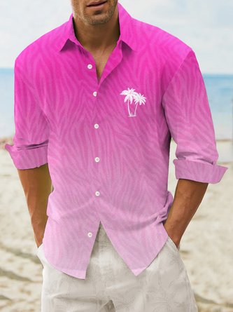Royaura Hawaii Barbie Pink Coconut Tree Print Men's Button Pocket Long Sleeve Shirt