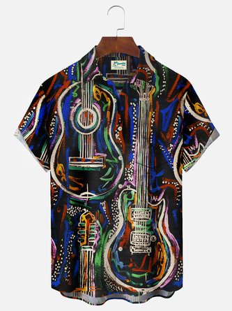 Royaura Vintage Art Music Guitar Black Men's Aloha Shirts Stretch Plus Size Camp Button Shirts