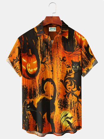 Royaura Holiday Orange Halloween Men's Hawaiian Shirts Ghost Black Cat Cartoon Bat Art Stretch Plus Size Aloha Camp Shirts