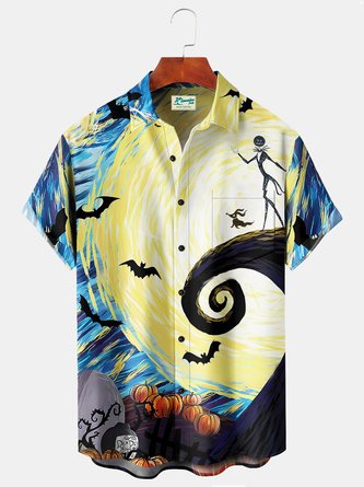 Royaura Holiday Blue Halloween Men's Hawaiian Shirts Ghost Cartoon Bat Art Stretch Plus Size Aloha Camp Shirts
