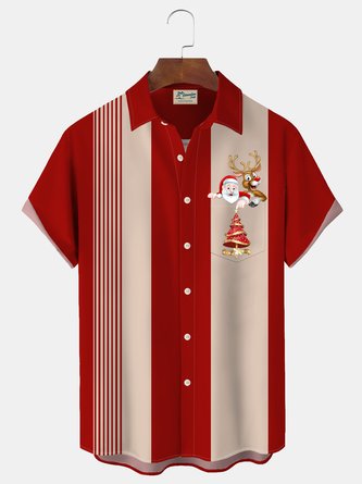 Royaura Christmas Santa Claus Christmas Tree Bowling Print Men's Button Pocket Short Sleeve Shirt