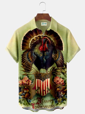Royaura Happy Thanksgiving Turkey  Print Beach Men's Hawaiian Oversized Shirt with Pockets