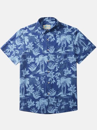 Royaura Beach Holiday Navy Blue Men's Hawaiian Cool Ice Shirts Sweat-wicking Coconut Tree Stretch Aloha Camp Pocket Shirts