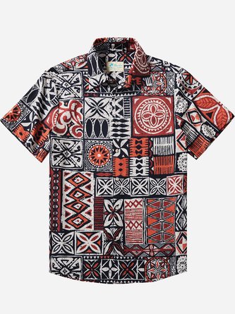 Royaura Beach Vacation Red Men's Hawaiian Shirts TAPA Geometric Sweat-Wicking Breathable Easy Care Stretch Aloha Camping Pocket Shirts