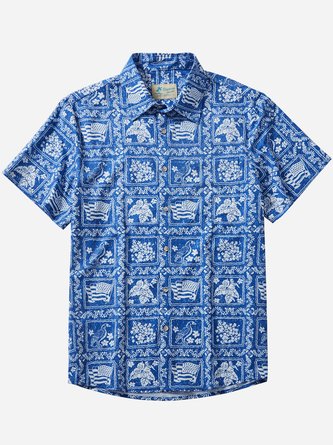 Royaura Beach Holiday Casual Men's Hawaiian Cool Ice Shirts American Flag Stretch Plus Size Sweat-wicking Breathable Aloha Pocket Camp Shirts