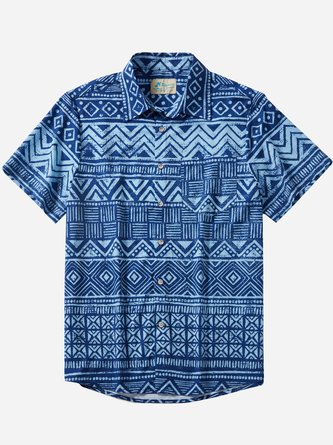 Royaura Beach Vacation Vintage Blue Men's Hawaiian Cool Ice Shirts Tapa Geometric Moisture Sweat-wicking Breathable Aloha Camp Pocket Shirts