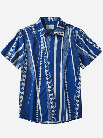 Royaura Beach Vacation Blue Men's Hawaiian Shirts TAPA Geometric Sweat-Wicking Breathable Easy Care Stretch Aloha Camping Pocket Shirts