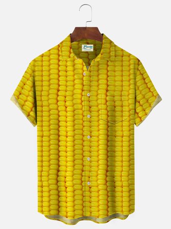 Royaura Holiday Thanksgiving Yellow Men's Hawaiian Shirts Corn Cartoon Art Stretch Oversized Aloha Camp Pocket Shirts
