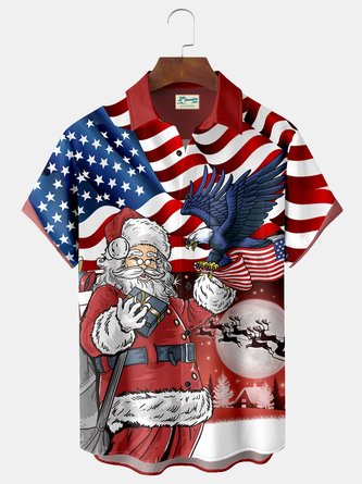 Royaura Flag Eagle Santa Claus Print Men's Hawaiian Oversized Shirt with Pockets