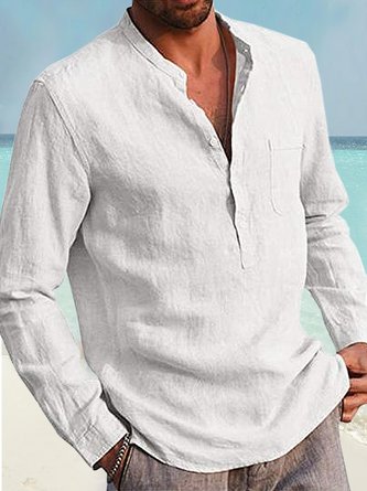 Royaura Casual Applique Webbing Basic Men's Stand Collar Button Pocket Long Sleeve Shirt