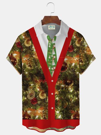 Royaura Christmas Print Men’s Button Pocket Short Sleeve Shirt | royaura