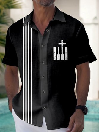 Royaura Cross Music Print Beach Men's Hawaiian Oversized Shirt with Pockets