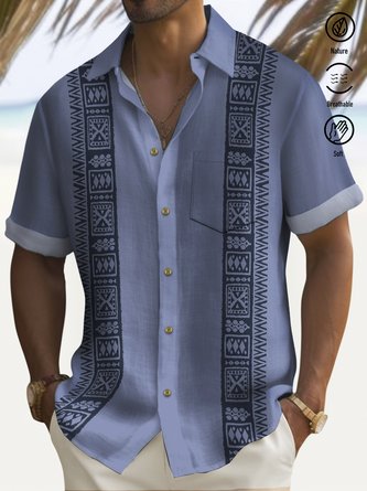 Royaura 50’s Vintage Blue Men's Guayabera Shirts Ethnic Geometric Totem Art Aloha Camp Pocket Shirts