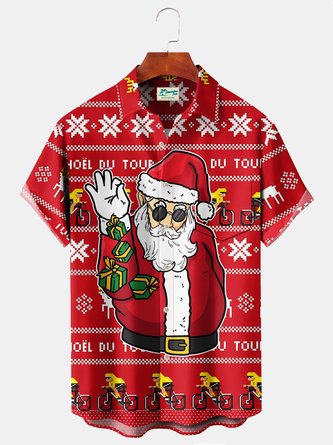 Royaura Christmas Holiday Red Men’s Shirts Santa Claus Cartoon Stretch