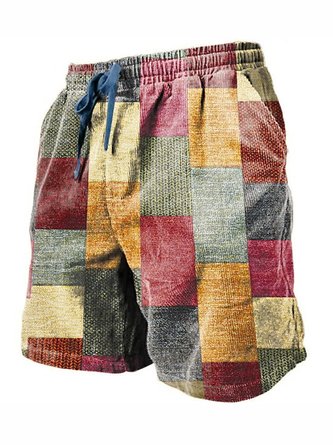 Royaura Vintage Geometric Color Bank Print Men's Beach Shorts