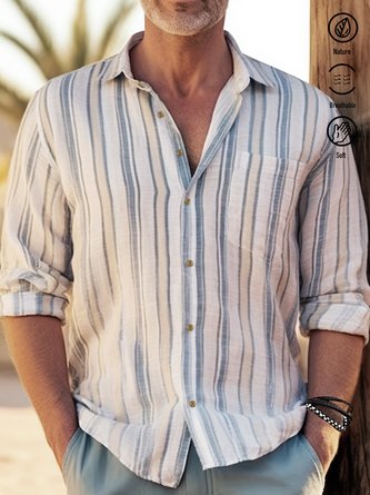 Royaura Beach Vacation Off White Men's Striped Long Sleeve Shirts Stretch Plus Size Aloha Camp Button Shirts