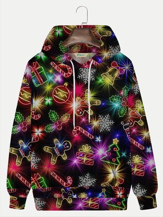 Royaura Christmas Holiday Black Men's Drawstring Hoodies Christmas Lights Fun Pullover Stretch Plus Size Sports Sweatshirts