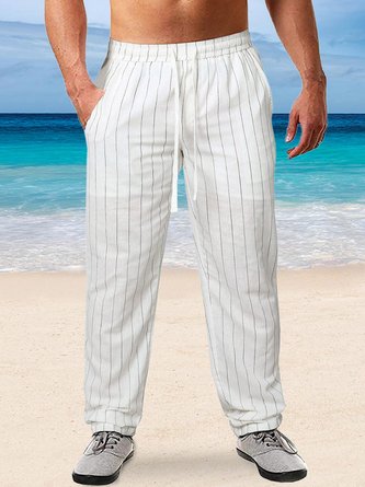 Royaura Beach Holiday Men's Striped Casual Pants Cotton Blend Breathable Comfort Trousers