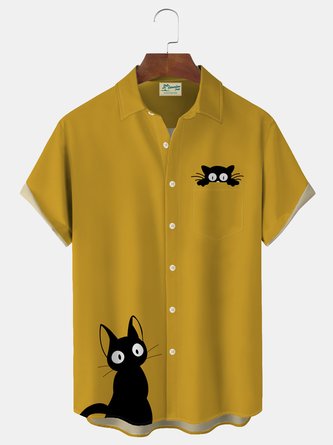 Royaura Vintage Halloween Cat Printed Men's Button Pocket Shirt