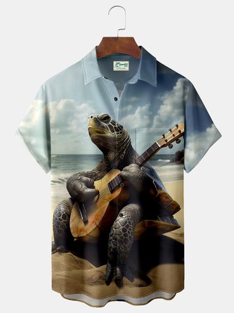 Royaura Music Playing Guitar Turtle Print Beach Men's Hawaiian Oversized Shirt with Pockets