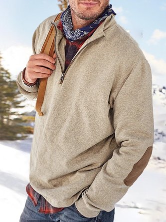Royaura Retro Casual Men's Khaki SHalf Zipper tand Collar Sweatshirt Contrast Color Stitching Stretch Warm Plus Size Pullover hoodies
