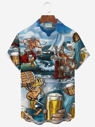 Royaura Beer Print Beach Men's Hawaiian Oversized Short Sleeve Shirt with Pockets