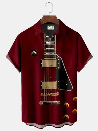Royaura Printed Beach Music Guitar Men's Hawaiian Oversized Pocket Shirt