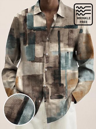 Royaura 50's Retro Mid-Century Geometric Khaki Men's Long Sleeve Shirt Stretch Oversized Aloha Camp Button Shirts