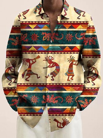 Royaura 50's Vintage Aztec Ethnic Totem Men's Long Sleeve Shirts Stretch Oversized Aloha Camp Button Shirts