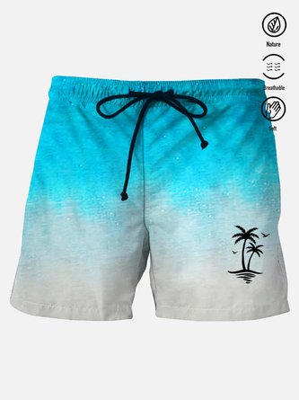 Royaura Beach Vacation Gradient Blue Men's Hawaiian Board Shorts Coconut Art Stretch Aloha Casual Shorts