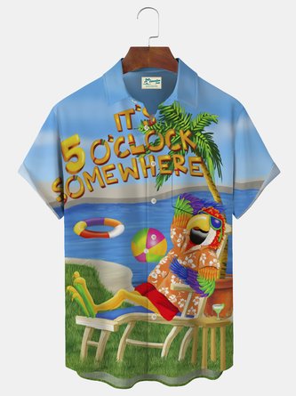 Royaura Beach Holiday Blue Men's Hawaiian Shirts Five O'Clock Parrot Cartoon Stretch Plus Size Aloha Camp Pocket Shirts
