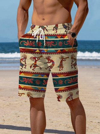 Royaura Vintage Geometric Aztec Print Men's Drawstring Beach Shorts Lounge Shorts