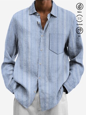 royaura 50’s Vintage Light Blue Men's Long Sleeve Striped Shirts Pockets Casual Art Camp Aloha Button-Down Shirts