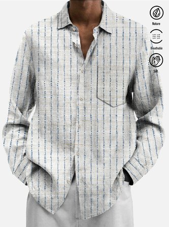 Royaura Vintage Casual Striped White Men's Long Sleeve Shirts Stretch Large Size Breathable Comfortable Camp Pocket Button-Down Shirts